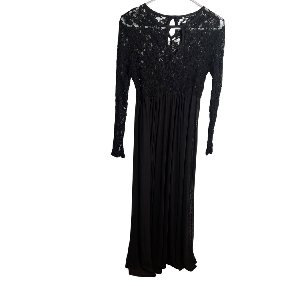 Womens Maternity Gown Maxi Dress Long Sleeve Black Lace Sheer Mesh Slits Keyhole